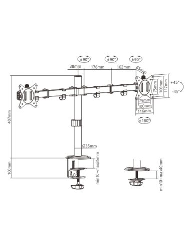 Gembird Biurkowe Regulowane Ramię/Uchwyt Na 2 Monitory 17-32, 100X100Mm, Do 9Kg