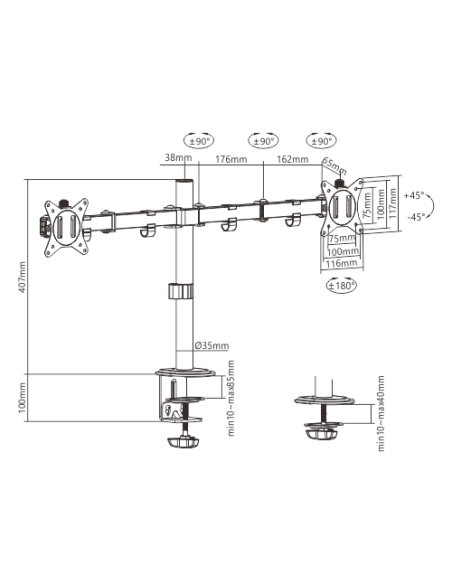 Gembird Biurkowe Regulowane Ramię/Uchwyt Na 2 Monitory 17-32, 100X100Mm, Do 9Kg
