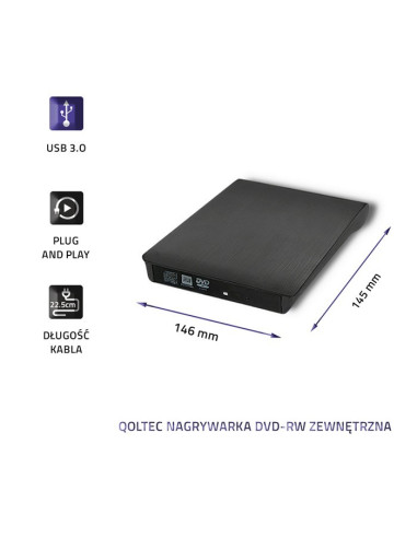 Qoltec Nagrywarka Dvd-Rw Zewnętrzna | Usb 3.0 | Czarna