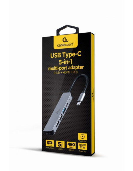 Gembird Multi Adapter Usb Typ-C 5W1 (Hub + Hdmi + Pd) Srebrny