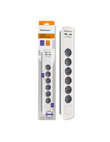 Qoltec Listwa Zasilająca Antyprzepięciowa | 6 Gniazd | 2 X Usb | 1.8M | Biało-Szara