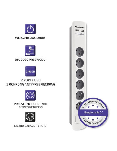 Qoltec Listwa Zasilająca Antyprzepięciowa | 6 Gniazd | 2 X Usb | 1.8M | Biało-Szara