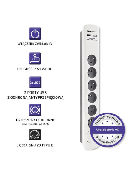 Qoltec Listwa Zasilająca Antyprzepięciowa | 6 Gniazd | 2 X Usb | 1.8M | Biało-Szara