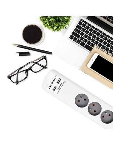 Qoltec Listwa Zasilająca Antyprzepięciowa | 6 Gniazd | 2 X Usb | 1.8M | Biało-Szara