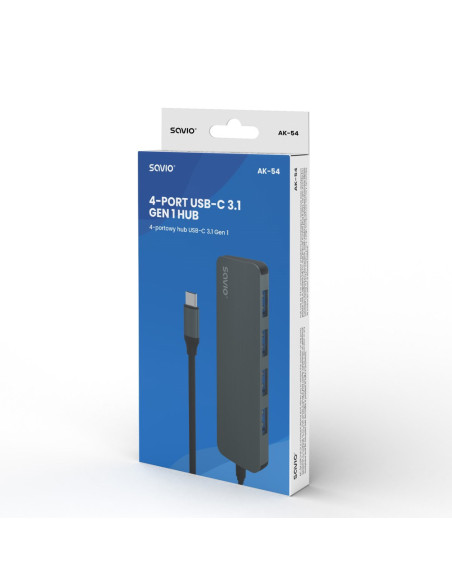 Savio Ak-54 Hub Usb-C - 4 X Usb-A, Szary