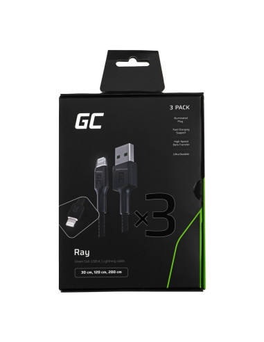 Green Cell Zestaw Kabli Kabgcset04 3X Kabel Gc Ray Usb - Lightning 30Cm, 120Cm, 200Cm, Biały Led