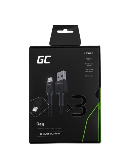 Green Cell Zestaw Kabli Kabgcset04 3X Kabel Gc Ray Usb - Lightning 30Cm, 120Cm, 200Cm, Biały Led
