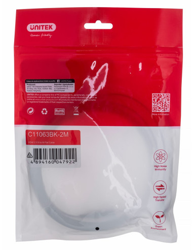 Unitek Kabel Hdmi 2.0 4K60Hz, Płaski, 2M, C11063Bk-2M