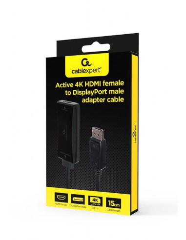 Gembird Kabel Aktywny Konwerter Sygnału Hdmi 4K Na Displayport 15Cm, Czarny