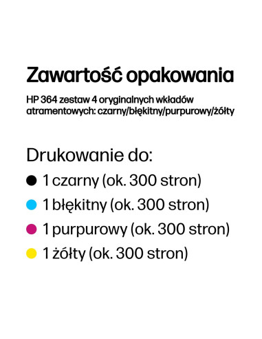 Hp 364 Zestaw 4 Oryginalnych Wkładów Atramentowych: Czarny/Błękitny/Purpurowy/Żółty