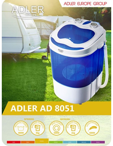 Pralka Turystyczna Adler Ad 8051 (1000 Obr/Min  3 Kg  370 Mm  Kolor Niebieski)