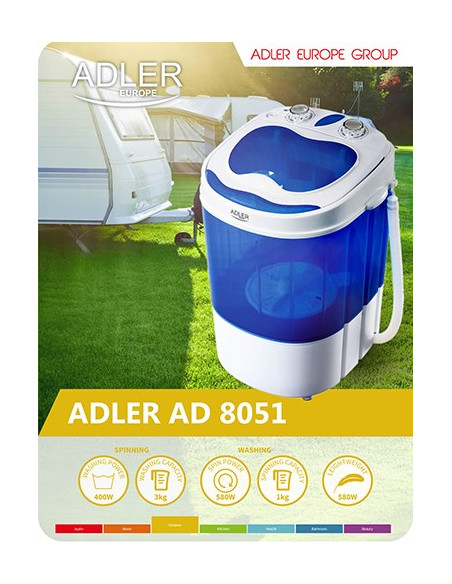 Pralka Turystyczna Adler Ad 8051 (1000 Obr/Min  3 Kg  370 Mm  Kolor Niebieski)