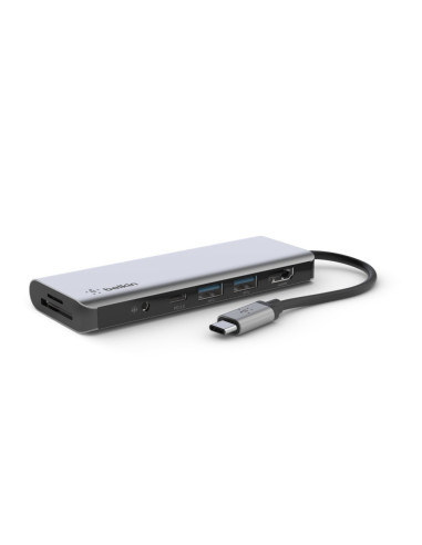 Hub Belkin Connect Usb-C 7-In-1 Multiport Adapter 1X4K Hdmi/2Xusb-A/1Xusb-C Pd3.0/1Xrj45 Gigabit/1Xcard Reader/1Xaudio Grey