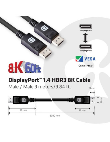 Club3D Displayport 1.4 Hbr3 8K 28Awg Cable M/M 3M /9.84Ft