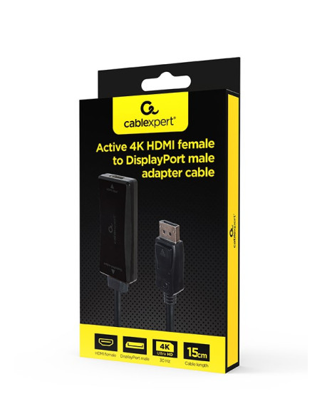 Gembird Kabel Aktywny Konwerter Sygnału Hdmi 4K Na Displayport 15Cm, Czarny