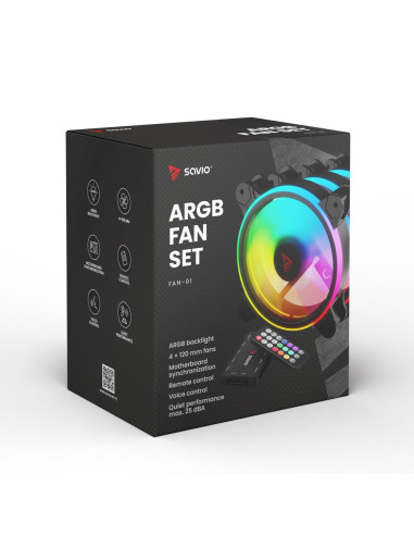 Savio Zestaw 4 Wentylatorów Argb 120 Mm Wraz Z Kontrolerem Oraz Pilotem Fan-01