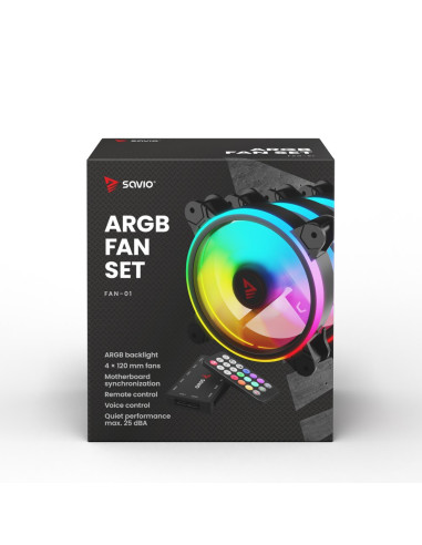 Savio Zestaw 4 Wentylatorów Argb 120 Mm Wraz Z Kontrolerem Oraz Pilotem Fan-01