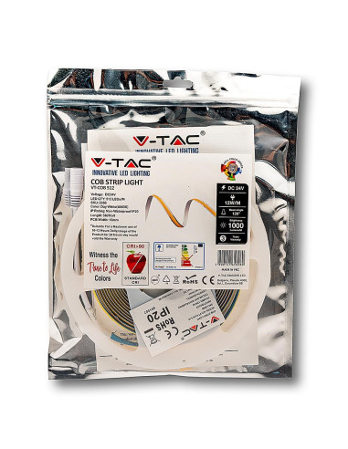 Taśma Led V-Tac Vt-Cob 512 Bezpunktowa 512Led Cob 24V Cri90+ 12W/M 6000K 1000Lm (Sku 2651)