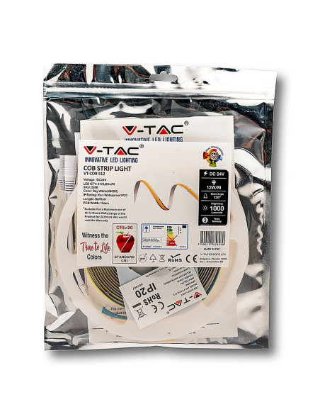 Taśma Led V-Tac Vt-Cob 512 Bezpunktowa 512Led Cob 24V Cri90+ 12W/M 6000K 1000Lm (Sku 2651)