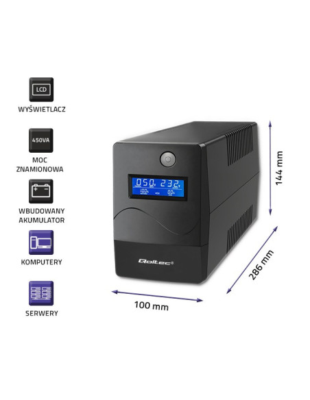 Qoltec 53977 Zasilacz Awaryjny Ups | Monolith | 450Va | 240W | Lcd | Usb | Rj45