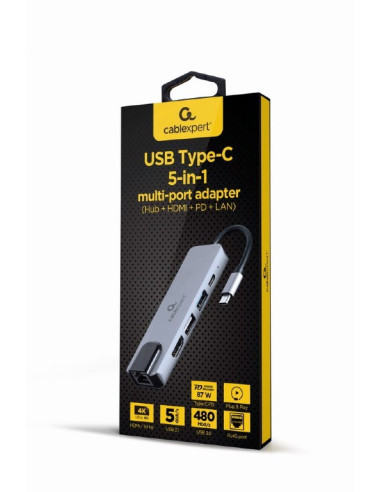 Gembird Multi Adapter Usb Typ-C 5W1 (Hub + Hdmi + Pd + Czytnik Kart + Lan) Srebrny