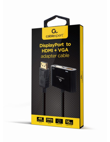 Gembird Adapter Na Kablu Displayport Męski Na Żeński Hdmi + Żeński Vga Czarny, 10Cm
