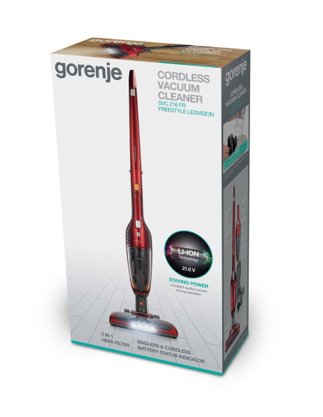 Odkurzacz Gorenje Svc216Fr Cordless Operating, Handstick, 21.6 V, Operating Time (Max) 60 Min, Red, Warranty 24 Month(S)