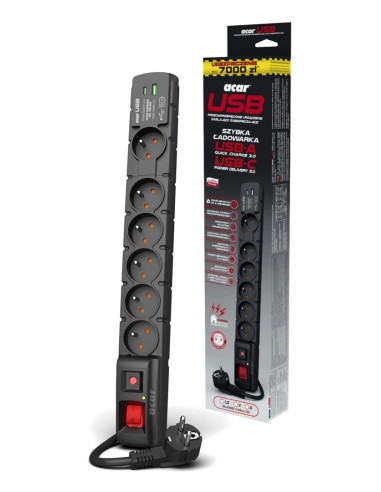 Listwa Przeciwprzepięciowa Acar S6 Usb A+C (Szybka Ładowarka) 3M   Czarny