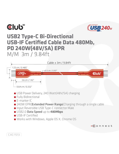 Club3D Cac-1513 Kabel Usb Usb 2.0 3 M Usb C Pomarańczowy