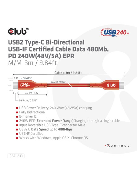 Club3D Cac-1513 Kabel Usb Usb 2.0 3 M Usb C Pomarańczowy