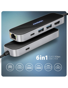 Axagon Hmc-6Gln Hub Usb, 2X Usb-A, 1X Usb-C, 1X Hdmi 2.0, 1X Rj45, 100 W Pd – Srebrny 2