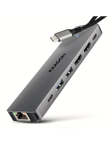 Axagon Hmc-7Hx2 Hub Usb, 2X Usb-A, 1X Usb-C, 2X Hdmi 2.0, 1X Rj45, 100 W Pd – Srebrny