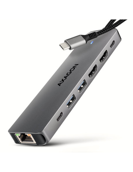 Axagon Hmc-7Hx2 Hub Usb, 2X Usb-A, 1X Usb-C, 2X Hdmi 2.0, 1X Rj45, 100 W Pd – Srebrny