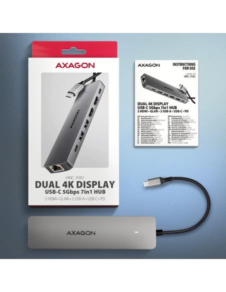 Axagon Hmc-7Hx2 Hub Usb, 2X Usb-A, 1X Usb-C, 2X Hdmi 2.0, 1X Rj45, 100 W Pd – Srebrny
