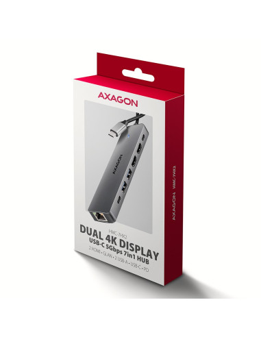 Axagon Hmc-7Hx2 Hub Usb, 2X Usb-A, 1X Usb-C, 2X Hdmi 2.0, 1X Rj45, 100 W Pd – Srebrny