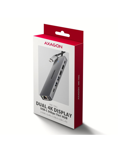 Axagon Hmc-7Hx2 Hub Usb, 2X Usb-A, 1X Usb-C, 2X Hdmi 2.0, 1X Rj45, 100 W Pd – Srebrny