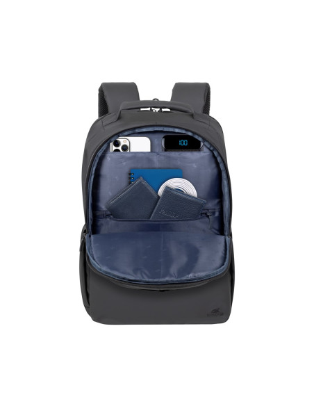 Rivacase Plecak Na Laptop 15,6" Tegel Eco, Czarny, Materiał Wodoodporny, Eko Rpet, Kieszenie Na Smartfon, Dokumenty,Akcesoria