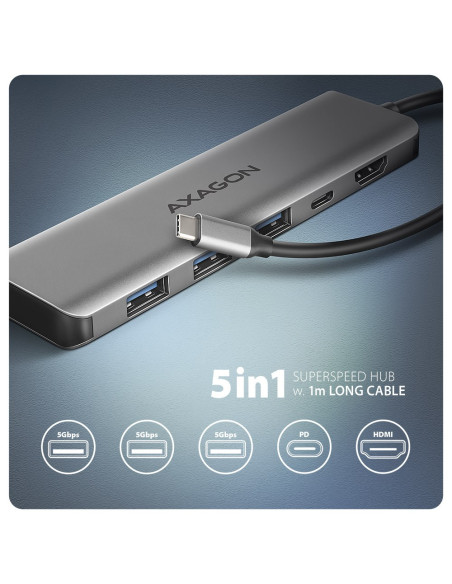 Axagon Hmc-5H Usb-C 3.2 Gen 1 Hub 3X Usb-A 4K Hdmi Pd 100W - Silber Przewodowa Usb 3.2 Gen 1 (3.1 Gen 1) Type-C Srebrny