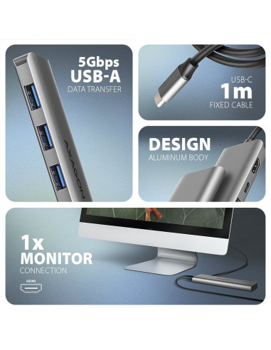 Axagon Hmc-5H Usb-C 3.2 Gen 1 Hub 3X Usb-A 4K Hdmi Pd 100W - Silber Przewodowa Usb 3.2 Gen 1 (3.1 Gen 1) Type-C Srebrny