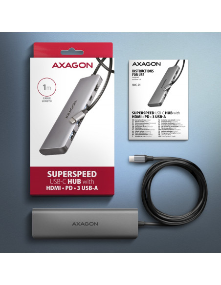 Axagon Hmc-5H Usb-C 3.2 Gen 1 Hub 3X Usb-A 4K Hdmi Pd 100W - Silber Przewodowa Usb 3.2 Gen 1 (3.1 Gen 1) Type-C Srebrny