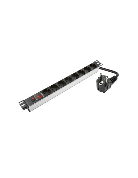 Sieci Somi | Aluminiowy Panel Zasilający 1U, 19", 8X Schuko | Pdu08Saso | Srebro | Z Przełącznikiem I Zabezpieczeniem Przeciwprz