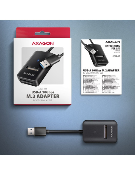 Axagon Adm2-Am Usb-A 10Gbps - M.2 Nvme & Sata Ssd Adaptér, Kabelis Usb-A 10Cm Obudowa Ssd Czarny