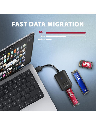 Axagon Adm2-Am Usb-A 10Gbps - M.2 Nvme & Sata Ssd Adaptér, Kabelis Usb-A 10Cm Obudowa Ssd Czarny