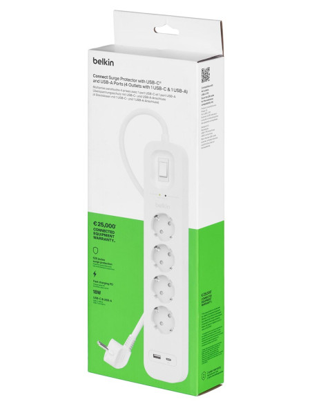 Listwa Zasilająca Belkin Power Surge 4-Port + 1Xusb-A +1Xusb-C 2.4A Pd 525J 2M White Schuko