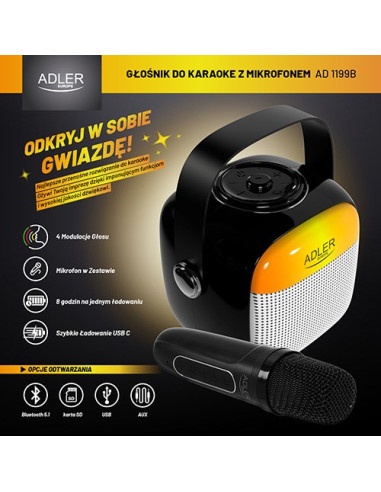 Adler Ad 1199 Black Głośnik Do Karaoke Z Mikrofonem - Sd/Usb/Aux/Bluetooth