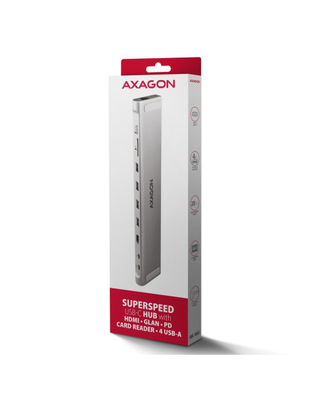 Koncentrator Wieloportowy Axagon Hmc-10Hls, 4X Usb-A I 2X Usb-C, Hdmi 4K/60Hz, Rj-45, Sd/Microsd, Pd 100W