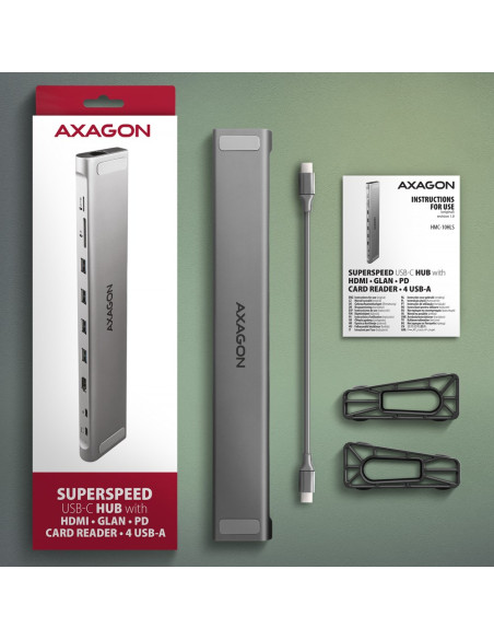 Koncentrator Wieloportowy Axagon Hmc-10Hls, 4X Usb-A I 2X Usb-C, Hdmi 4K/60Hz, Rj-45, Sd/Microsd, Pd 100W