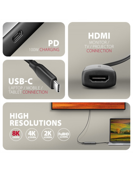 Axagon Rvc-Hi8Kpd, Usb-C -  Hdmi 2.1 Redukce / Adaptér, 8K/60Hz, 4K/144Hz, Hdr10+, Pd100W 0,16 M Usb Type-C Hdmi + Usb Type-C