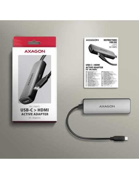 Axagon Rvc-Hi8Kpd, Usb-C -  Hdmi 2.1 Redukce / Adaptér, 8K/60Hz, 4K/144Hz, Hdr10+, Pd100W 0,16 M Usb Type-C Hdmi + Usb Type-C