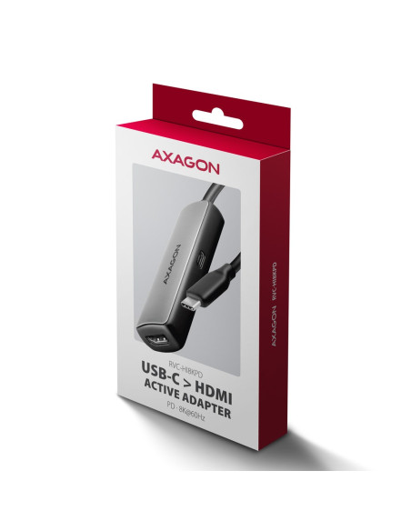 Axagon Rvc-Hi8Kpd, Usb-C -  Hdmi 2.1 Redukce / Adaptér, 8K/60Hz, 4K/144Hz, Hdr10+, Pd100W 0,16 M Usb Type-C Hdmi + Usb Type-C
